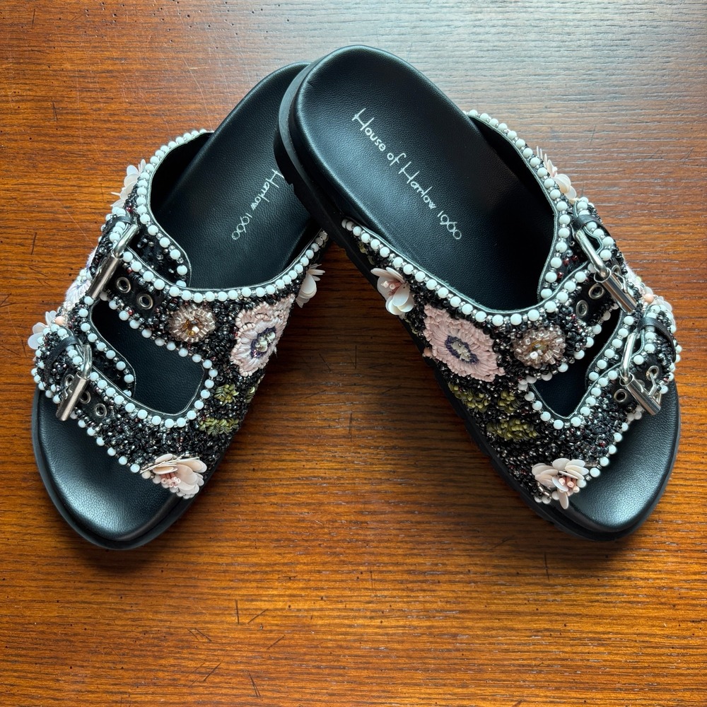 House of Harlow 1960 Women's Romantic Black Beaded Floral Buckle Slide Sandals 8 - Picture 2 of 12